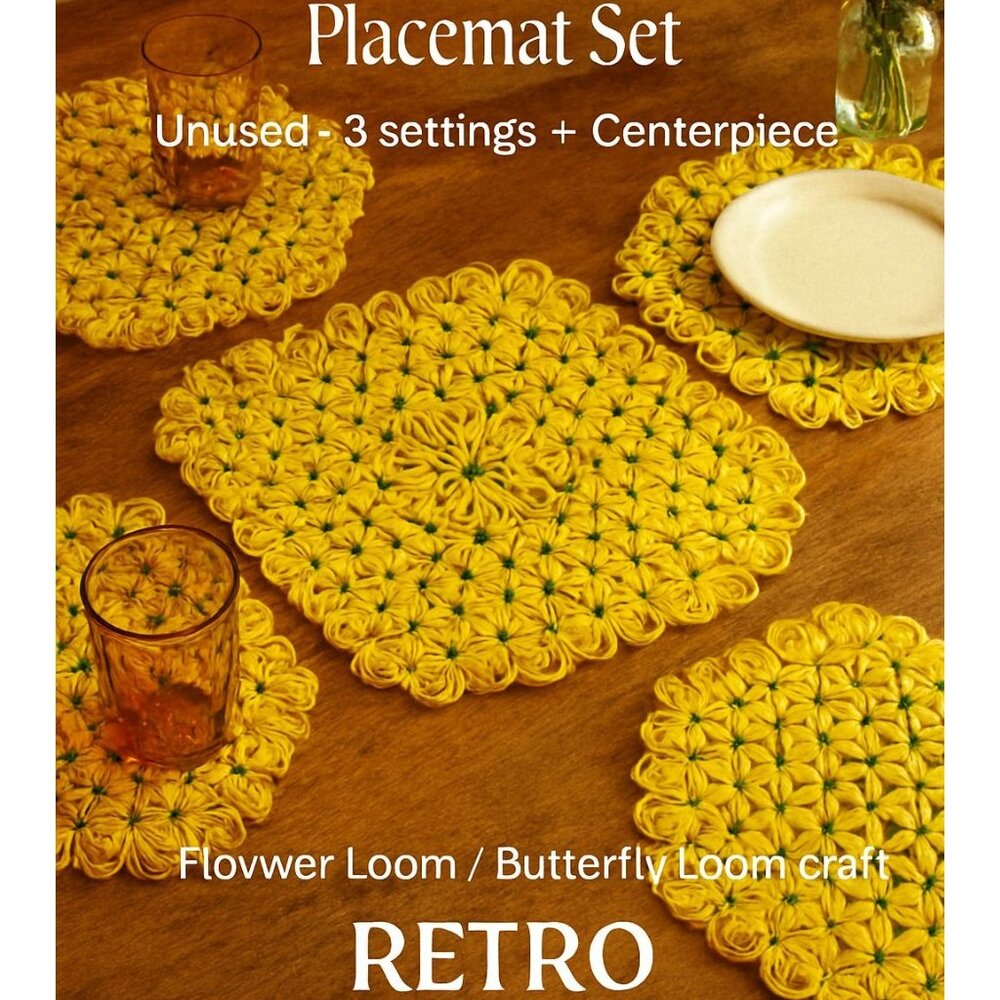 Vintage 70s Flower Loom Placemat Set Yellow Green Crochet Boho Table Decor 4pcs